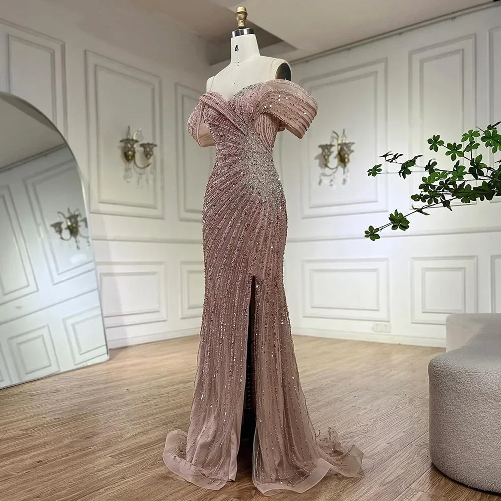 Serene Hill  Off Shoulder Pink Mermaid Beaded Luxury Evening Dress with Side Split Formal Occasion Saudi Customize BLA72481