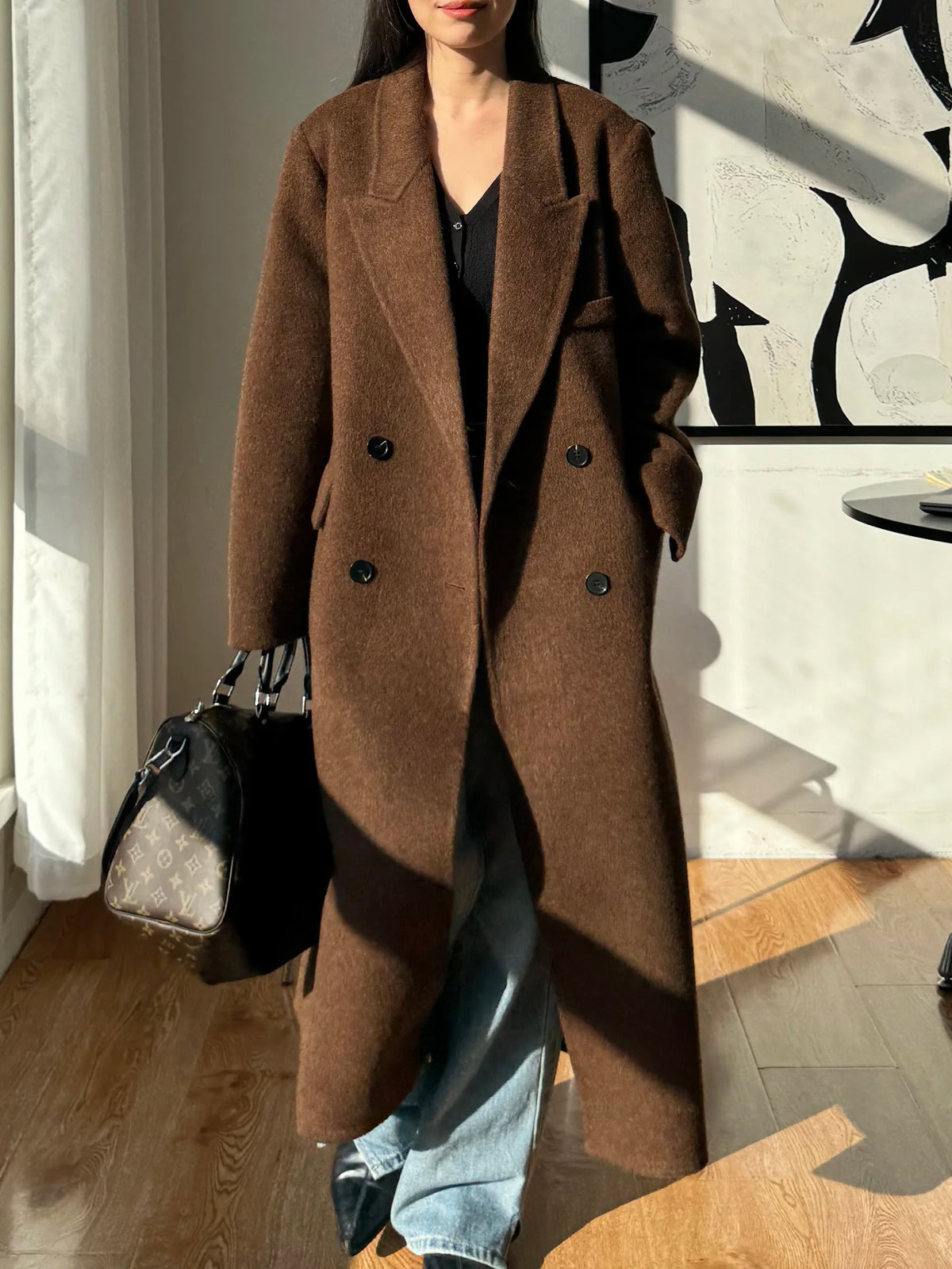 2026 Winter New High end Brown Double sided Wool Coat Women Long Stand up Collar Shoulder Straight Tube Woolen Coat for Women